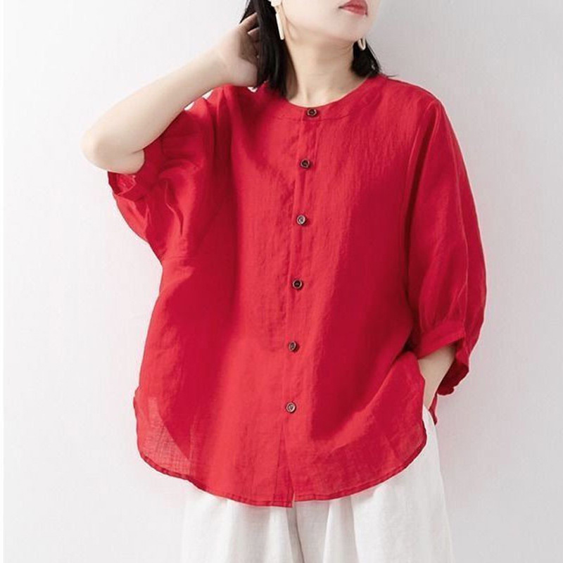 綿麻シャツ レディース 春夏 薄手 無地 ランタン袖 スタン - Korean Lifestyle のレビューと価格